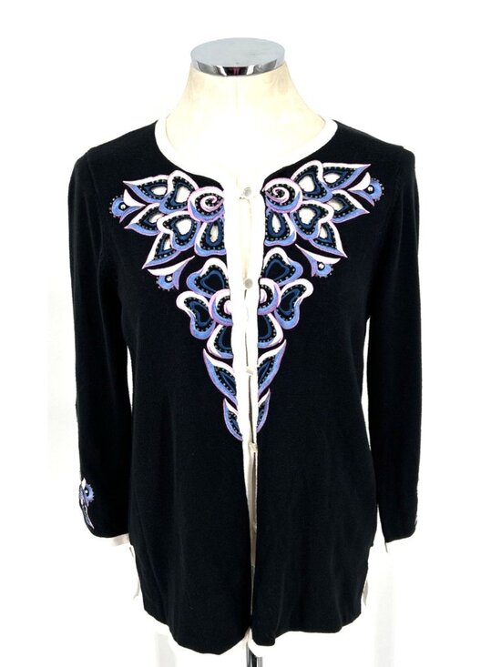 Mackie Sweaters - Bob Mackie Wearable Art Cardigan Sz S Sweater Black Embroidered Cut Out